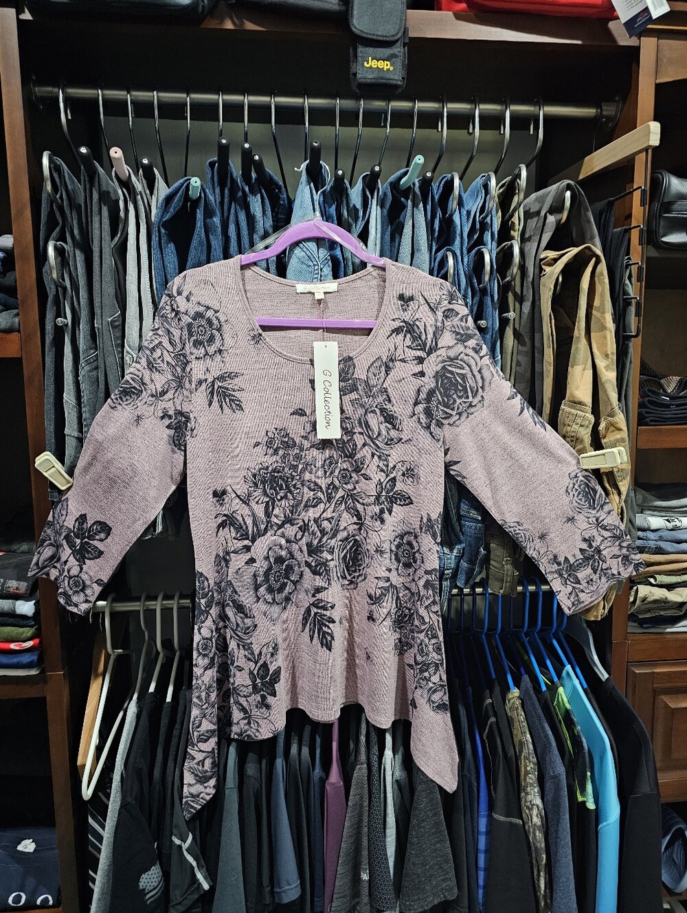 NWT G Collection Pink Mauve Floral Asymmetrical High Low Hem Top 3/4 Sleeve - Picture 11 of 11